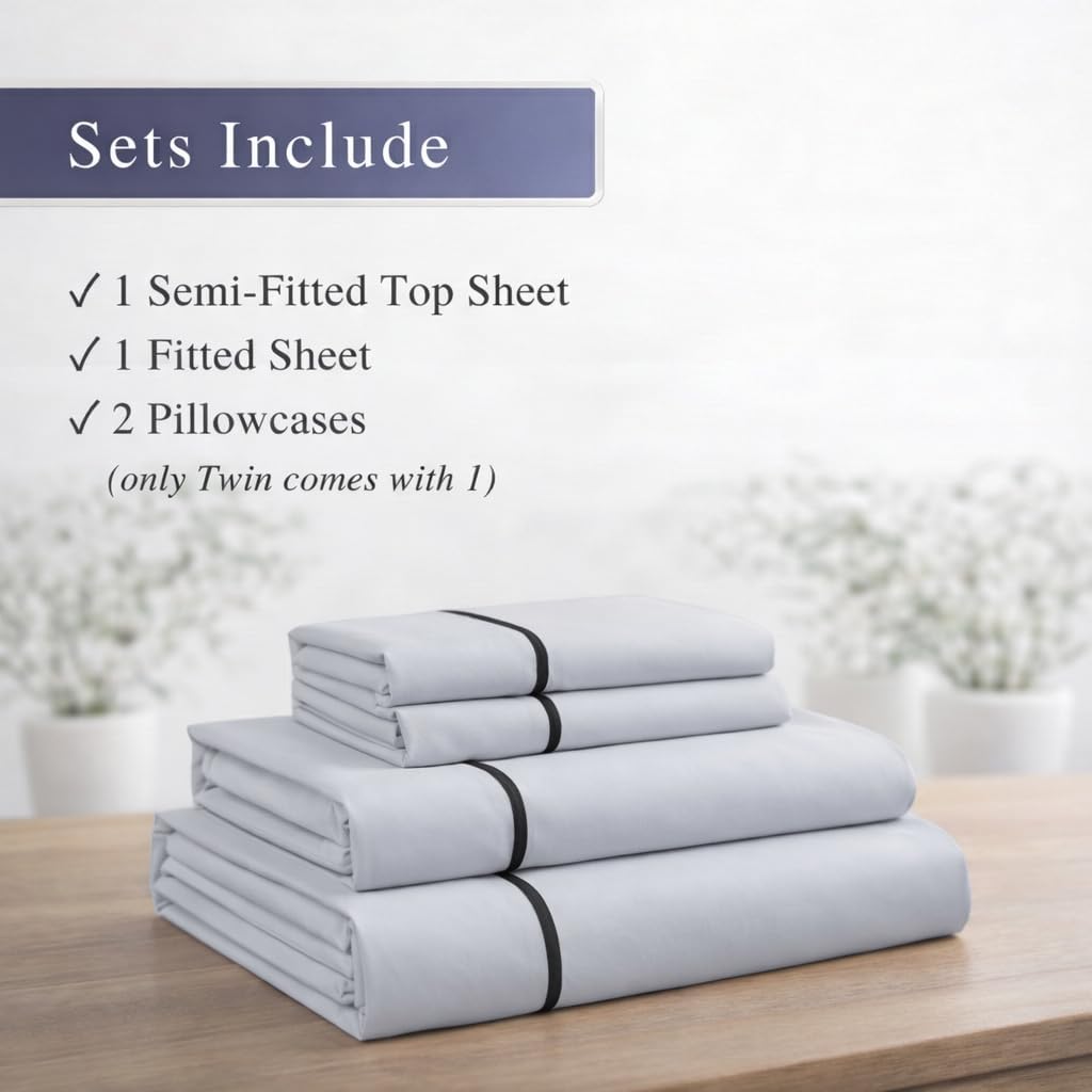 Sheets Full Sheet Set – 4-Piece Organic Cotton Percale Sheet Set, Cool & Crisp, Includes 1 Semi-Fitted No-Tuck Top Sheet, 1 Fitted Sheet & 2 Pillowcases (Gray with Charocal Trim)