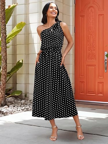 Image of ECOWISH Womens Summer One Shoulder Maxi Dress Casual Polka Dot Midi Dresses Sleeveless Long Pockets Sundress Beach Vacation