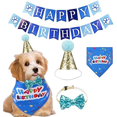 INMOFN 4PCs Dog Birthday Bandana Girl Boy - Birthday Party Supplies - Puppy Birthday Hat, Pet Birthday Hat Kit with Bow Tie Collar, Triangle scarf, birthday card Outfit for Pet Puppy Cat (Blue) Cover