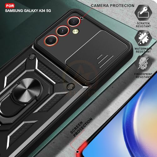 Image of Armor Bumper Back Cover Case for Samsung A34 5G Rotating Camera Cover, Ring Holder & Kickstand | Heavy Duty & 360 Degree Protection Samsung A34 5G Back Cover (Black)