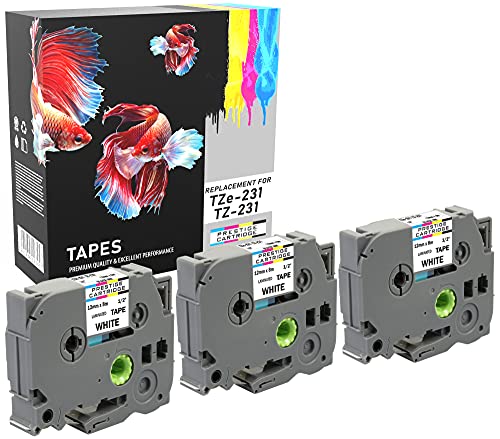 3 Casetes de Cinta compatibles con TZe231 TZ231 Negro sobre Blanco 12mm x 8m para Brother P-Touch PT-1000 1005 1010 3600 9600 D210 D600VP E300VP E550WVP H101C H101GB H105 H110 H300 H500 P700 P750W