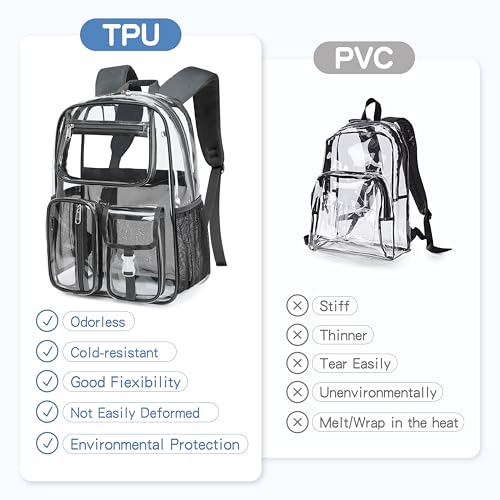 Image of Clear Backpack Heavy Duty For Stadiums Events,Dark Gray 16inch TPU BookBag | See Through Plastic Stitch Durable Design 6-Pocket For School Adults work Airport Quick Security,Large capacity backpack