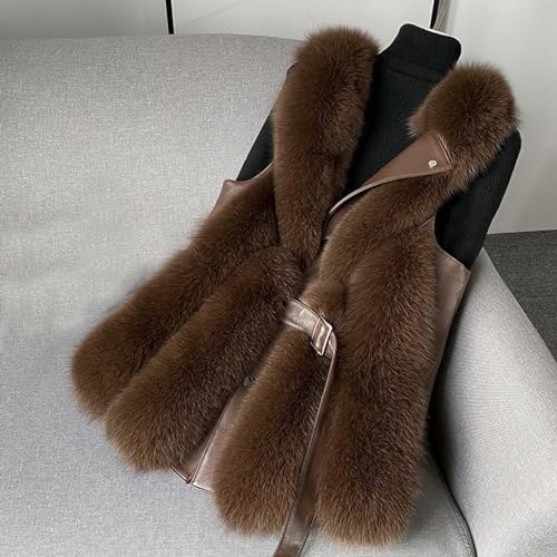 HGps8w Leather Patchwork Women's Faux Fur Vests - Faux Fox Fur Warm Fluffy Jacket - Furry Outerwear Winter Coats with Belt3