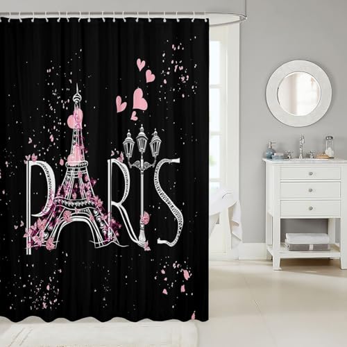 Image of Eiffel Tower Bath Curtain Chic Paris Shower Curtain Romantic Theme Bathroom Shower Curtain Set for Stalls Bathtubs Black Pink Bedroom Decor Modern French Style Waterproof Bathroom Curtains 72Wx78L