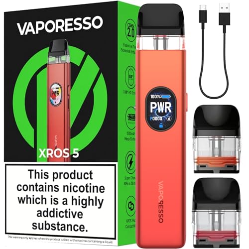 Vaporesso Xros 5 Vape Pod Kit (Coral Red) Compatible With Vaporesso Xros Pod Series Xros 5 Vape Kit Includes Xros 0.6 and Xros 0.8 pods 1500mAh Battery Type-C 3A Fast Charging No Nicotine