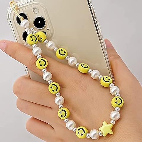 LUSTEMBER Beaded Phone Lanyard Wrist Strap Smiley Face Beaded Handmade Colorful Acrylic Beads Pearl Phone Charm Strap for Women Girls Cover