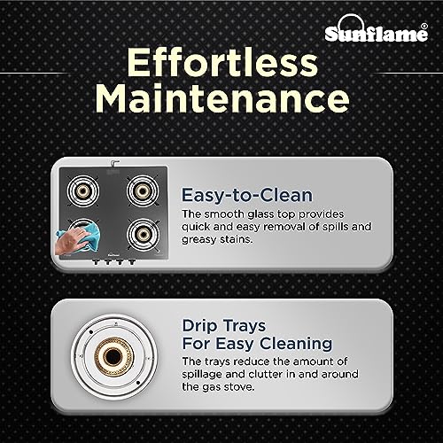 Sunflame Crystal Nova 4 Burner Gas Stove | Dual Drip Trays | 1 Jumbo, 1 Medium and 2 Small Brass Burners | 2 Year Product Coverage by Sunflame |... - Image 6