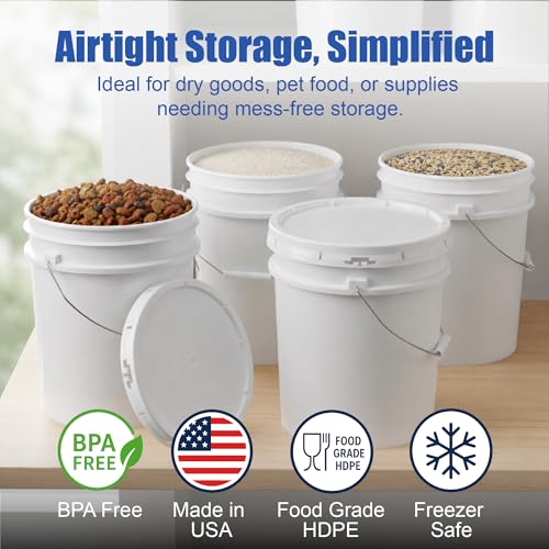 Image of ePackageSupply 5 Gallon Bucket - Food Grade w /Lid BPA-Free, 6 Pack - White | Airtight Gasketed Tear Strip Lid, Heavy-Duty 90 Mil HDPE Plastic Pail, Bulk Storage, Food Safe Durable Container, Made in USA