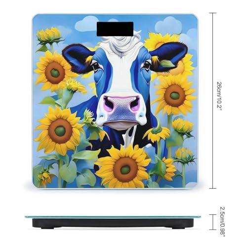 Báscula digital de vidrio templado azul con diseño de vaca y girasoles miniatura 2