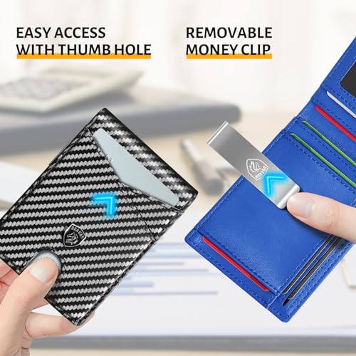 DRAVAN Slim Mens Wallet Front Pocket Wallet for Men with id Window Minimalist Rfid Blocking Credit Card Holder Carbon Fiber Money Clip with Gift Box…… (Carbon Blue)3