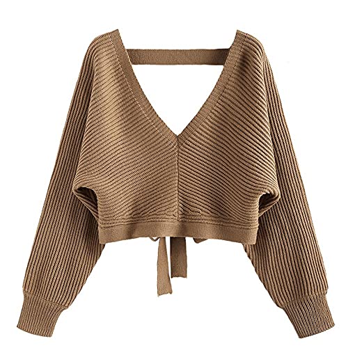 ZAFUL Women's V Neck Cropped Sweater Ribbed Knit Pullover Tops Sexy Drop Shoulder Jumpers