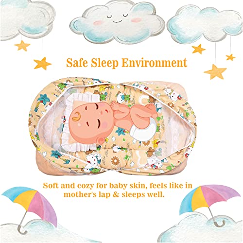 Image of Babloo Baby Bedding Set - Newborn Baby Bed with Mosquito Net, Mattress, Folding Travel Bed - Cotton, Orange (0-6 Months) - Boys & Girls Gift