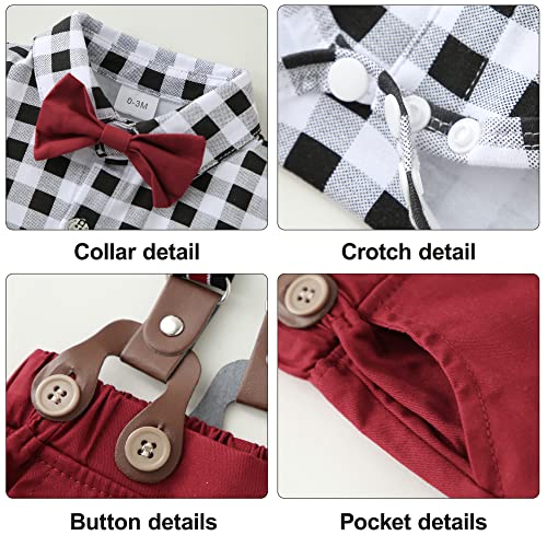 Yuemion Baby Boy Clothes, Infant Wedding Romper Suit +Suspender Pants+Beret Hat +Bowtie Newborn Gentleman Dress Outfit (Black And White,3-6M) #TOP3