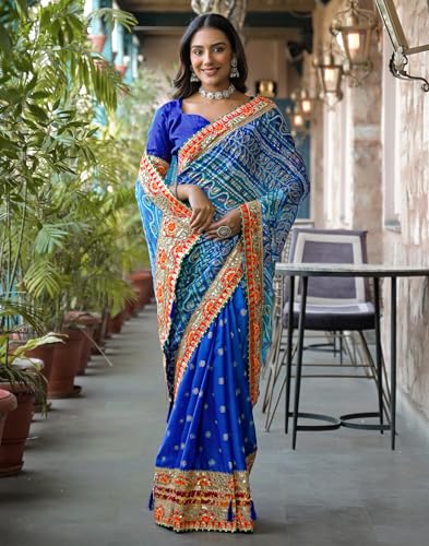 Image of SIRIL Women's Bandhani Printed, Foil Print, Sequins Embroidery And Pearl Lace Chiffon Saree With Unstitched Blouse Piece