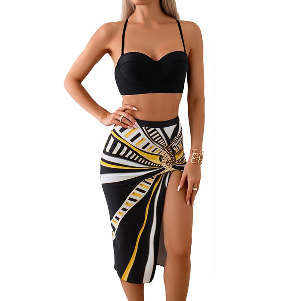 JPXJGT Three-Piece Bikini Set with Printed Long Skirt Two-Piece Patchwork Swimsuit for Women (Size:M,Color:Black)