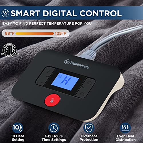 Westinghouse Electric Blanket Full Size, Super Cozy Soft Flannel 80"" x 84"" Heated Blanket with 10 Fast Heating Levels & 1-12 Auto-Off, Machine Washable, ETL&FCC Certification, Charcoal
