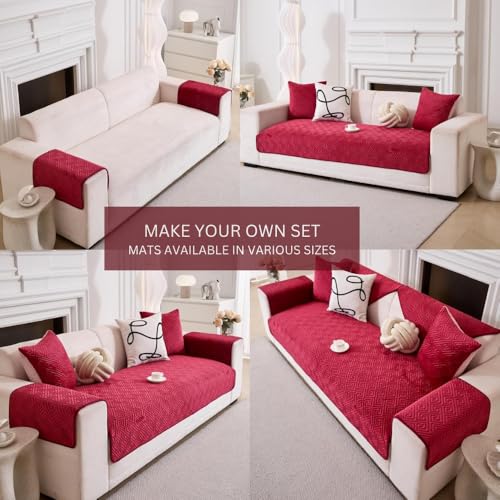 Image of HOMETHREADS Innovative Premium Velvet Sofa Cover Mat with PVC Backing for Non-Slip Comfort | (Maroon Vrsh, 2Pc Armrest Mat | 70x50cm)