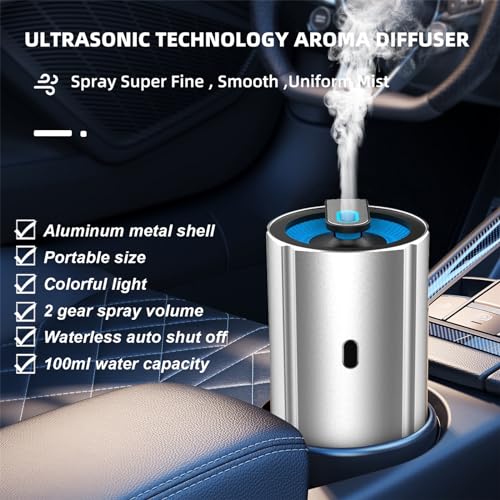 Image of Aluminum Car Diffuser Essential Oil Car Aromatherapy Humidifier 100ml Personal Vehicle Scent Freshener Cool Mist Mini Portable Ultrasonic Diffuser for Small Space (Silver)