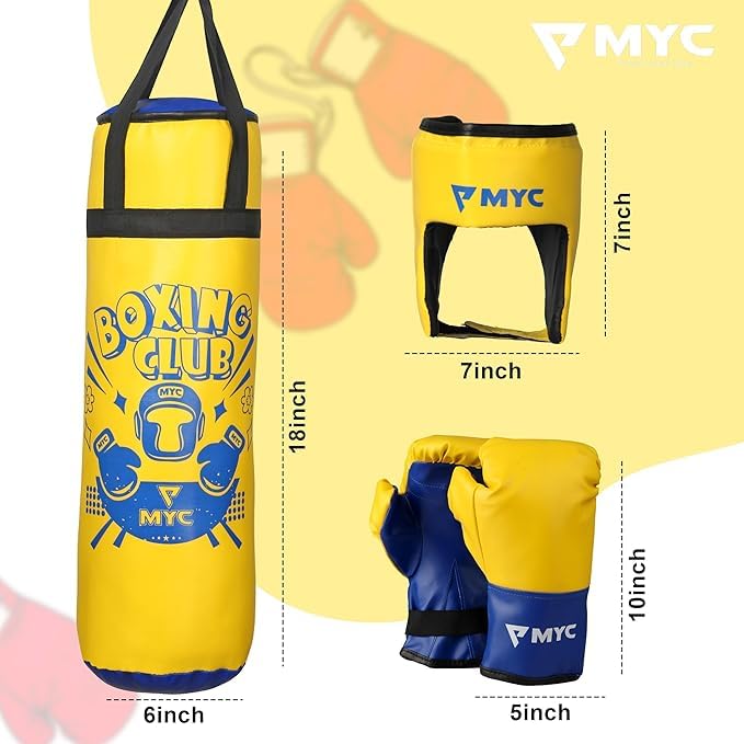 Image of MYC Club Pack of 4 Kids Punching Bag Boxing Kit Set for Karate | Bounce-Back Martial Arts Bag for Boys & Girls (Age 4-10 Year) (Yellow)