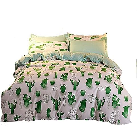 Pangzi Simple Cactus Bedding Set Duvet Cover Set Green White Color 1 Duvet Cover+2 Pillowcases (Full, Green) Cover