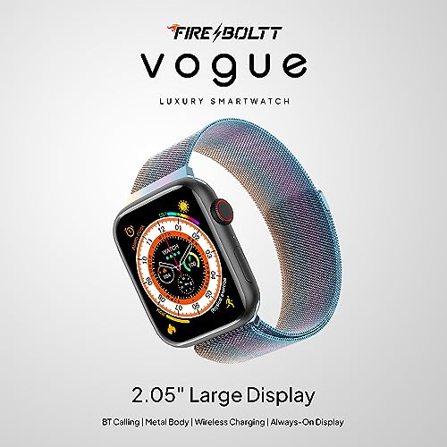 Image of Fire-Boltt Vogue Large 2.05 inch Display Smart Watch, Always On Display, Wireless Charging, App Based GPS with Bluetooth Calling & 500+ Watch Faces (Steel Rainbow)