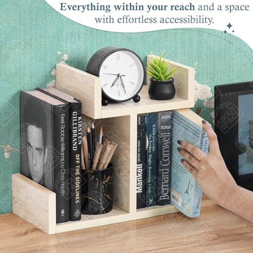 Image of ABOUT SPACE Table Top Bookshelf - Countertop Bookcase with 3 Shelves, DIY Engineered Wood Multipurpose Storage Organizer Table Shelf Book Rack for Home Study Room (L 33 x B 17 x H 30 cm - Beige