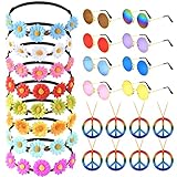 CHRORINE 24 Pcs Hippie Costume Accessory Set Includes Flower Headbands Hippie Sunglasses Peace Sign Necklace