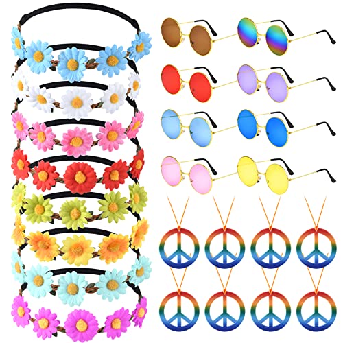 CHRORINE 24 Pcs Hippie Costume Accessory Set for Hippie Party Decorations Includes Flower Headbands Round Hippie Sunglasses Peace Sign Necklace