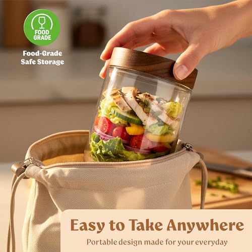 Image of Overnight Oats Containers with Lids - Glass Mason Jars, Meal Prep | Acacia Wood, Airtight Silicone Seal Set of 4 - Stackable for Chia Pudding, Yogurt, Cereal, Oatmeal, Salad, Pantry Storage