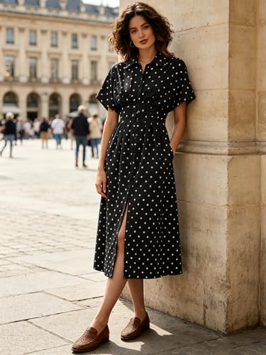 Image of MSBESYOR Women Button Front Pleated Shirt Maxi Dress Summer Striped Prints Short Sleeve Collar Casual Long Dresses