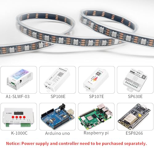 Image of WS2812B IC RGB 5050SMD ECO Individual Addressable LED Strip Light, 16.4FT 300LED 60LED /m Flexible Full Color IP67 Waterproof DC5V Black PCB for DIY Project (No Power Adapter or Controller)