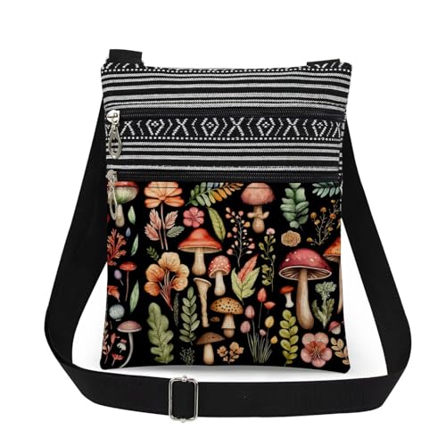 Mushroom Fungal Art Print Crossbody Bag Mushroom Floral Design Messenger Bag Adjustable Shoulder Strap for Adult Sisters Teens Birthday Gift from Nature​​ Travel Crossbody Purse (Black)