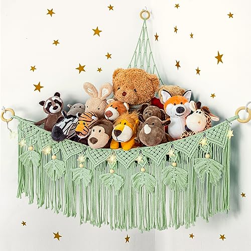Image of ANROYE Macrame Stuffed Animal Storage with Star Light, Bear Green Hammock for Girls Room Decor, Corner Hanging Mesh Organizer Idea for Nursery, Plushies Toy Wall Hanging Display Holder Kid Boy Gift