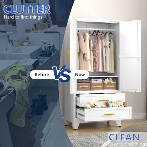 71-Armoire-Wardrobe-Closet-with-2-Doors-2-Drawers-Metal-Storage-Cabinet-with-Drawers-and-Hanging-Rod-Metal-Closet-Organizers-for-Home-OfficeGymWhite 71 Armoire Wardrobe Closet with 2 Doors 2 Drawers Metal Storage Cabinet with Drawers and Hanging Rod Metal Closet Organizers for Home OfficeGymWhite