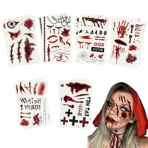 Halloween Tattoos 12 Sheets Sticker Zombie Makeup Kit 3D Fake Blood Scars Temporary Tattoo, Zombie Costume Cut Scary Face Wound Chucky Scars Stickers For Kids Women Men Boys Girls Adults