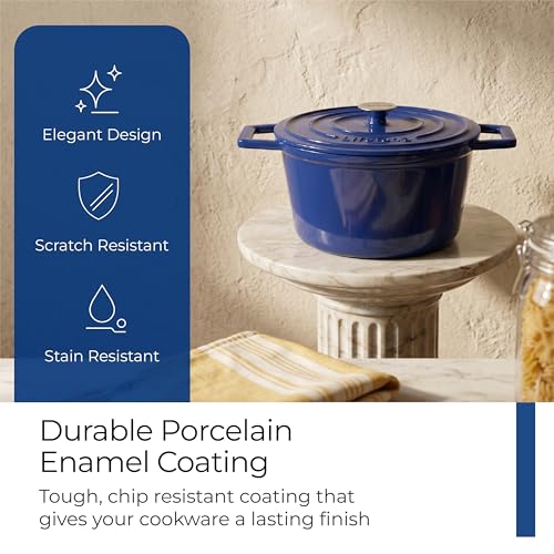 Image of Lifelong Enamel Cast Iron Casserole with Lid (3.8L, 24cm) | Oven, Gas & Induction Compatible | Slow Cooking, Even Heat Distribution, Nontoxic, Durable, Naturally Nonstick, No Stains or Scratch (Blue)