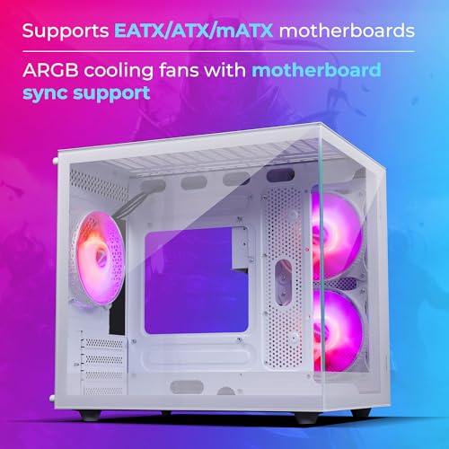 Image of ZEBRONICS Argo Cube Form Factor Gaming Cabinet with Micro ATX, ITX, 2X 120mm Side + 120mm Rear Fan (ARGB Inner Glow), Tempered Glass Front & Side Panel, Type C(White)