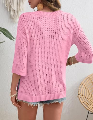 Image of Rapbin Women's Crochet V Neck Beach Cover Up 3 /4 Sleeve Hollow Out Knitted Pullover Sweater