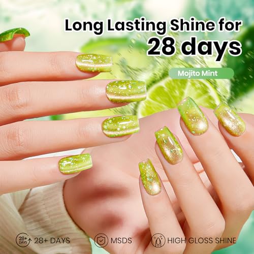 Image of Beetles Green Cat Eye Gel Nail Polish - 9ML Mojito Mint Glitter Green Cat Eye Summer Gel Polish with Magnetic Shimmer Soak Off UV DIY Manicure Gift for Women