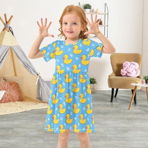 Yellow Duck on Blue Background Girls Short Sleeve Dress Casual A Line Twirly Skater Dresses3