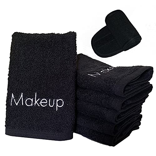 Makeup Remover Face Towels 6pack - 13" x 13" Black Cotton Makeup Wash Cloth with Makeup Headband - Ultra Soft 100% Towel Super Soft Makeup Remover Cloths