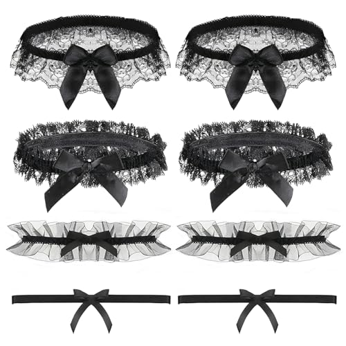ZhongShuang 8 Stück Elastische Oberschenkelstrumpfbänder Hochzeit-Strumpfband Geschenk Für Braut Party Engagement Für Damen, Schwarz