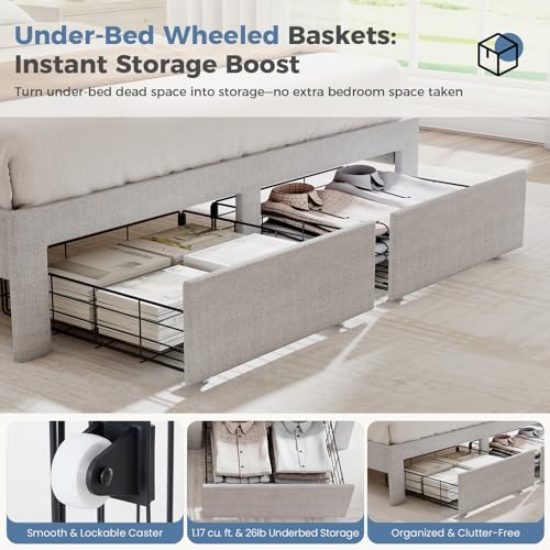 Image of Queen Size Storage Bed Frame, Square Tufted Headboard, Platform Bed with 2 Underbed Drawers at Foot, Wooden Slats Support, No Box Spring Needed, Light Gray