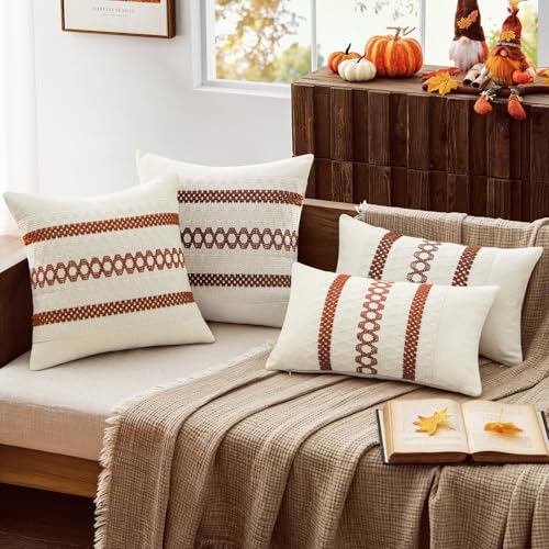 Image of MIULEE Set of 2 Burnt Orange Decorative Pillow Covers 18x18 Inch | Fall Farmhouse Boho Couch Throw Pillows Modern Cotton Cushion Covers Macrame Woven Home Decor for Bed Sofa Chair