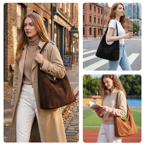 Bolso Hobo de ante para mujer casual color café oscuro miniatura 3