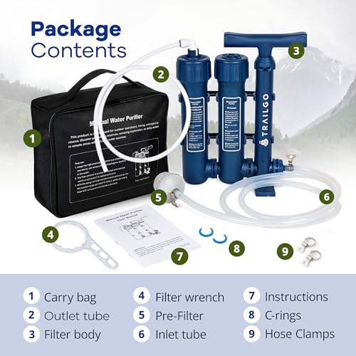Trailgo Pro Water Purifier Water Purification System for Survival - High-Volume Hand Pump Portable Water Filter for Group Camping, Backpacking, Emergency Preparedness - 3-Stage Water Filtration System