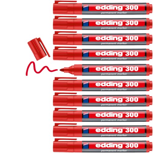 Edding 300 Marcatore Permanente, Rosso, 10Pz, Punta Tonda 1.5-3 Mm, Impermeabili, per Cartone, Plastica, Vetro, Legno, Metallo e Tessuto