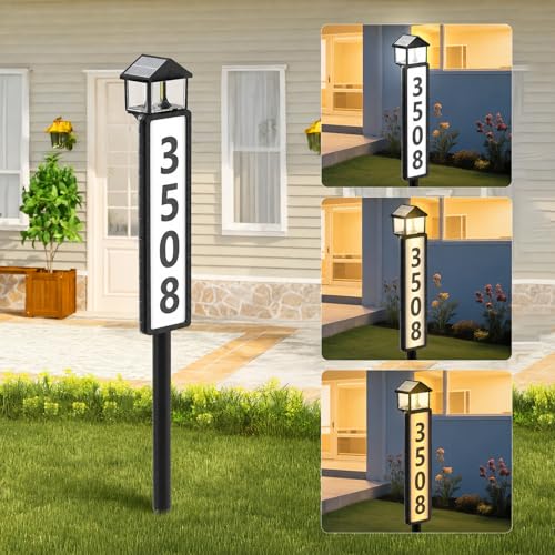 GJB Solar Address Sign for Outside Solar Powered House Numbers Light with 3 Color Modes Waterproof LED Illuminated Address Plaque with Stake Numbers & Letters Included (Matte Black)