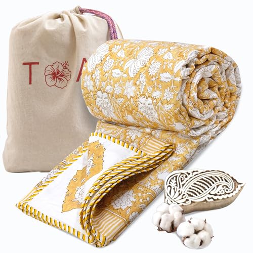 Image of TOAIArt Premium Jaipuri Dohar | AC Blanket Summer Quilt | Hand Block Printed | 3 Layers | Reversible | 150GSM 100% Mulmul Cotton| 100% Cotton Flannel Filling | Queen 90 inch X 108 inch|Light Mustard Kalamkari
