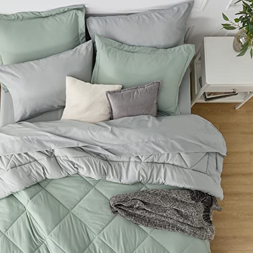Image of Bedsure Twin XL Comforter - 5 Pieces Reversible Sage Green Bed in a Bag, Twin XL Bedding Comforter Set College Dorm Essentials with 1 Flat Sheet, 1 Fitted Sheet, 1 Pillowcase and 1 Pillow Sham